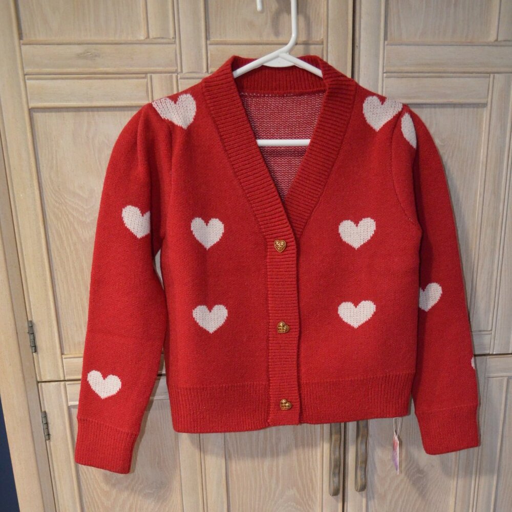 Heart Cropped Knit Cardigan by Chicwish, Red and White, Small – NWT